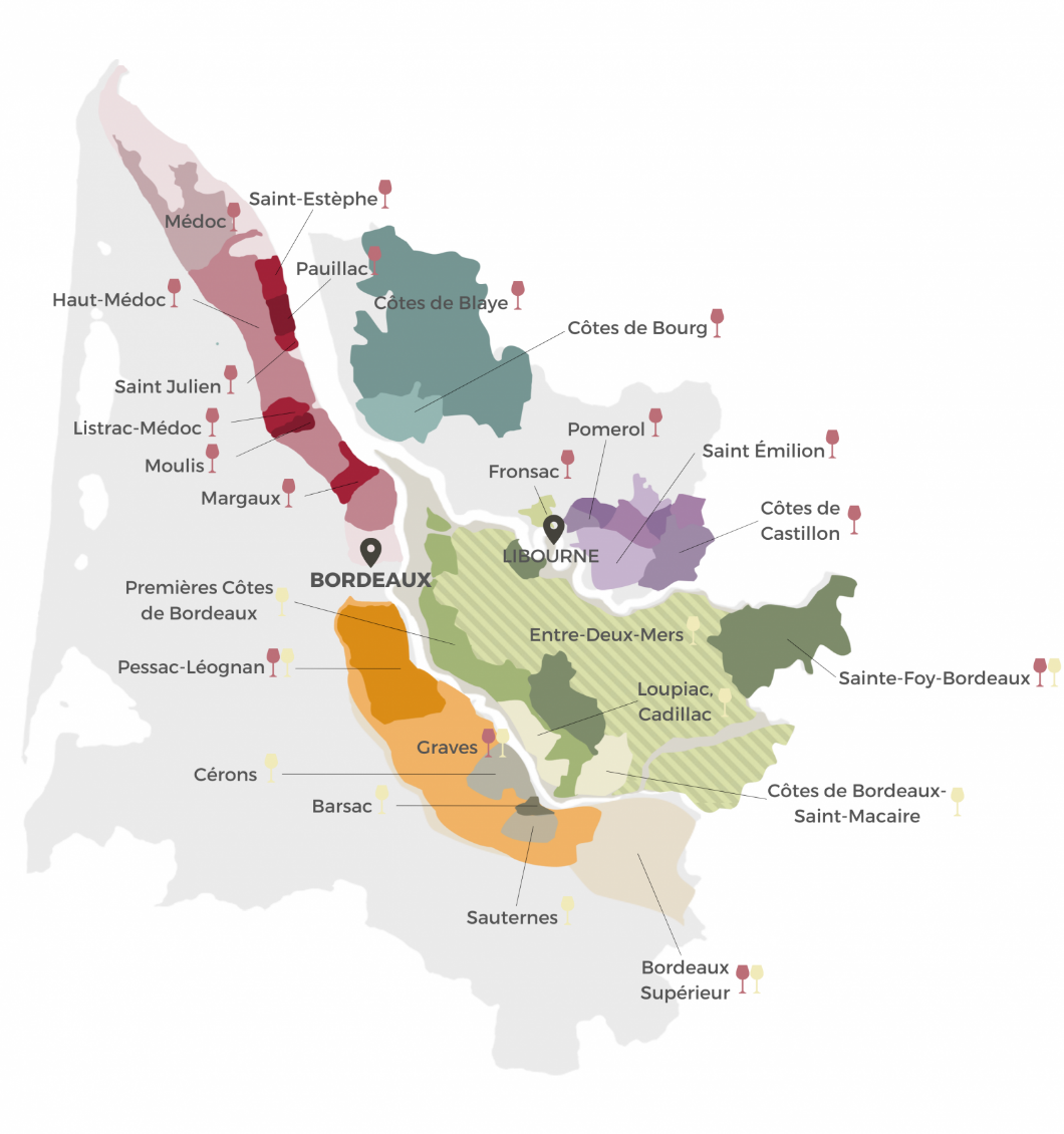 Bản đồ vùng làm vang của vùng Bordeaux nước Pháp